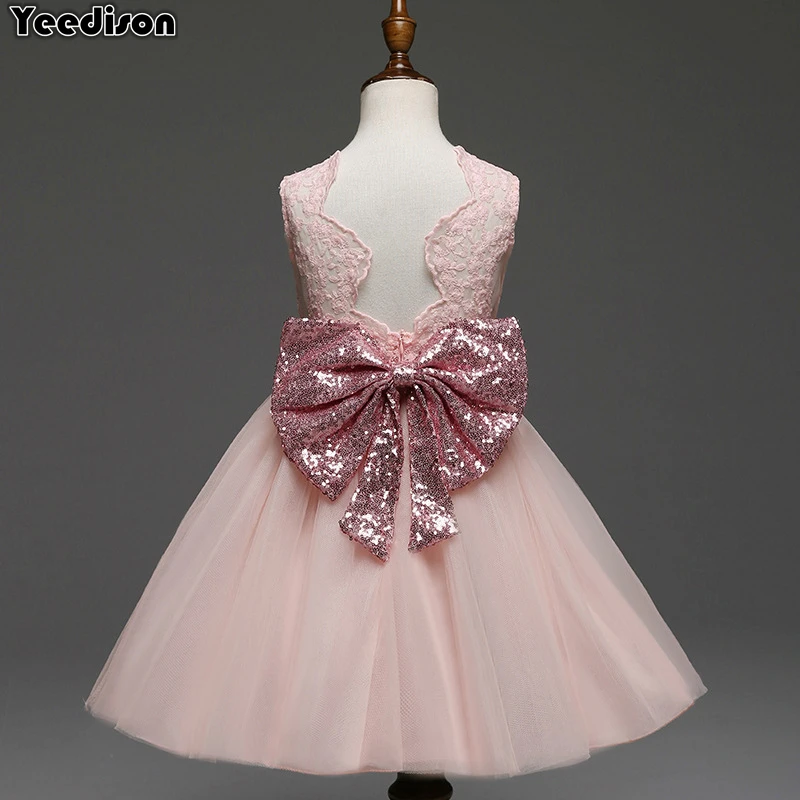 

2019 Princess Girls Dress Sequins Bowknot Kids Birthday Party Dresses For Baby Girls Lace Wedding Dress Floral Children Costumes
