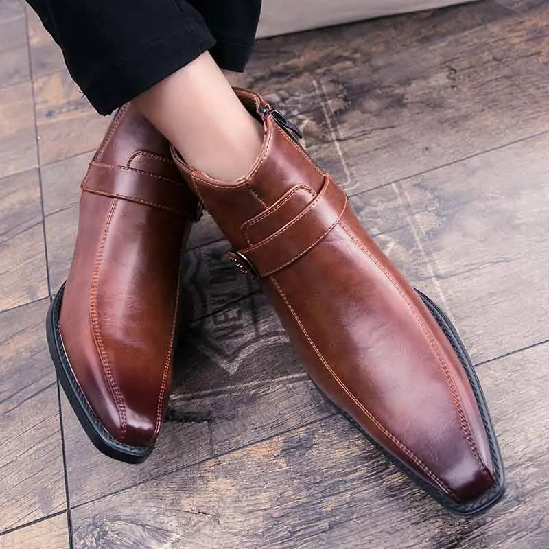 

Masorini Newest PU Leather Shoes Pointed Toe Motorcycle Boots Adult Rubber Buckle Zipper Fashion High Quality Footwear WW-218