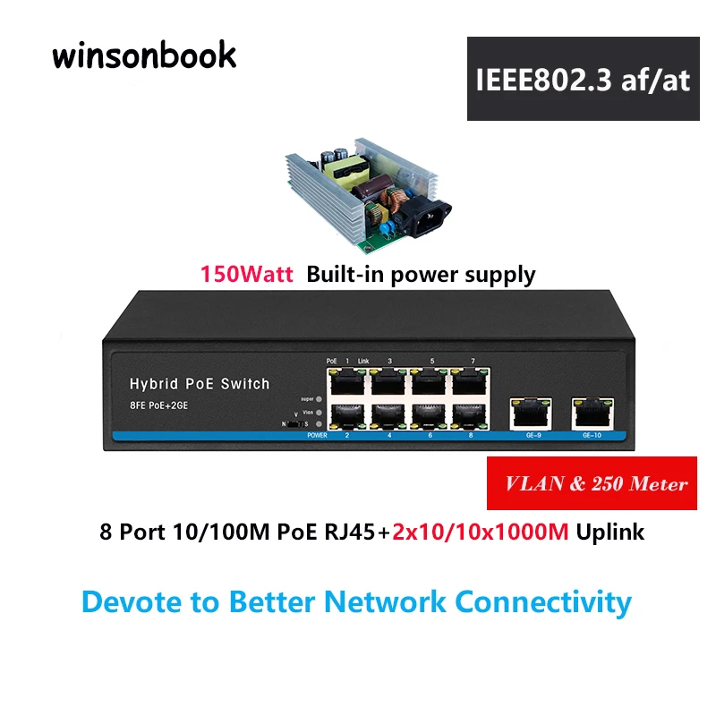 

8 port Fast Switch PoE switch PoE 48V support VLAN 250M ethernet switch for IP Camera 10/100Mbps 2x1000M uplink