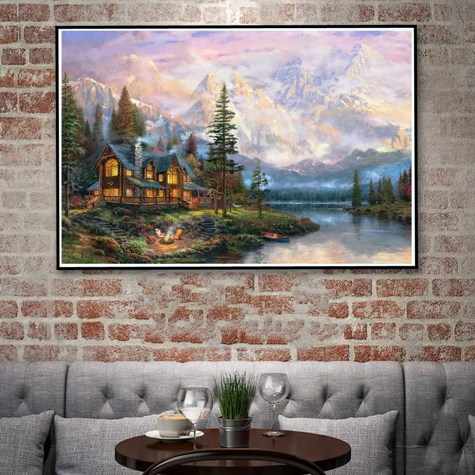 FOOCAME Thomas Kinkade горы природа пейзаж живопись плакат искусство печать украшение из шелка настенные картины для гостиной домашний декор - Цвет: 002