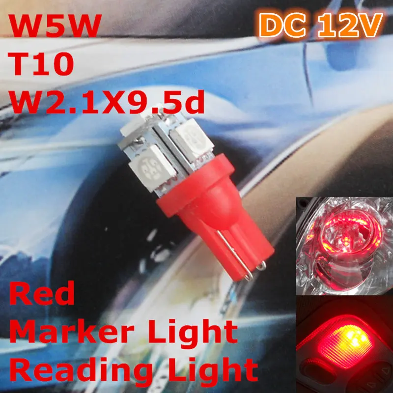 

12V LED Red Color Car Bulb Lamp T10(5*5050 SMD)W5W W2.1X9.5d for Signal Top Reading Width Light