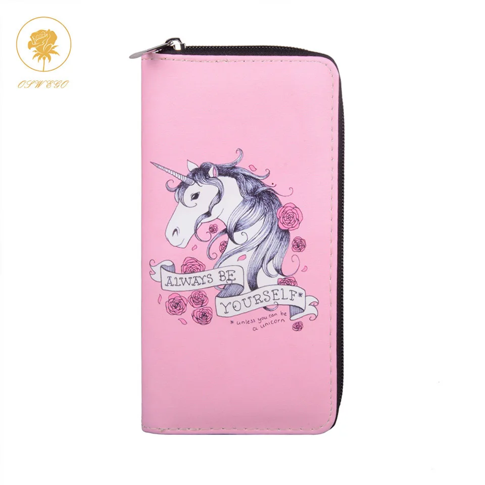 

OSWEGO Women Wallet Unicorn Long Zipper Cartoon PU Wallet Fashion Travel Leather Purse Card Holder Long Big Women Wallet 2019
