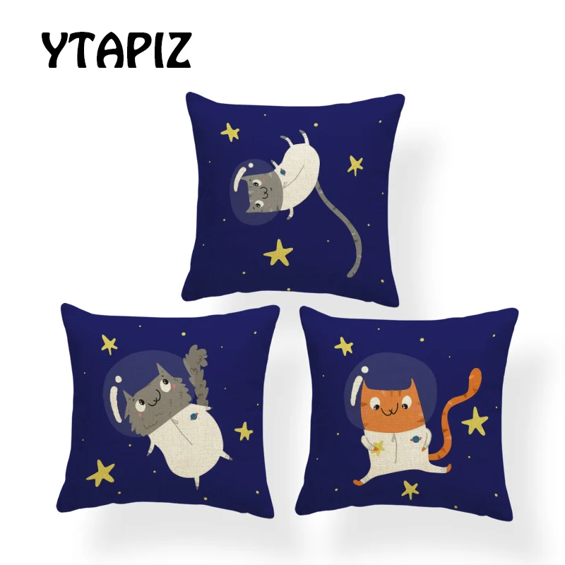

Personalized Space Cat Pillow Case Astronaut Star Blue Cat Black Gray Orange Decorative Farmhouse Bedroom Sofa Cushion Cover