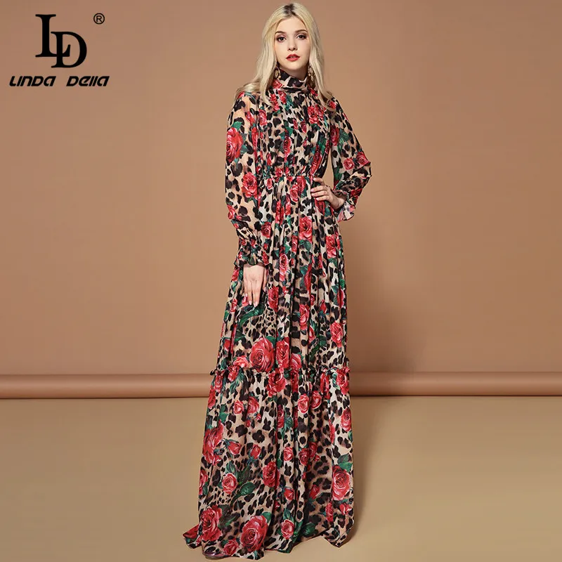 Женское платье для праздника LD LINDA DELLA, летнее разноцветное платье с длинным рукавом, вечернее платье с цветочным узором в виде роз с леопардовым принтом