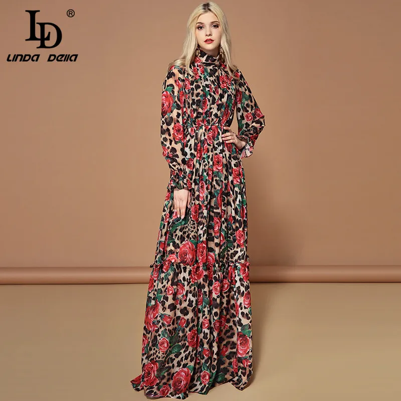 Kopen LD LINDA DELLA Fashion Runway Lange Mouwen Maxi Jurken vrouwen Elegante Partij Rose Bloemen Luipaard Print Lange Jurk Vakantie jurk
