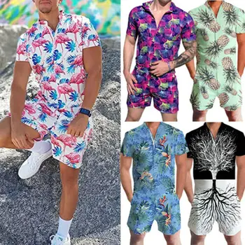 

AU Men's Rompers Street Casual Cargo Pants Jumpsuits Overalls T-Shirt Shorts Set