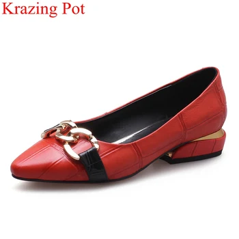 

2021 fashion cow leather concise shallow women pumps pointed toe elegant low heels slip on metal mature office lady shoes L8f1