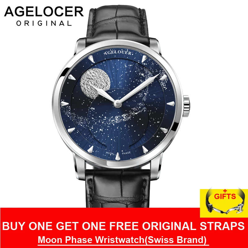 Agelocer 2020 Luxury Brand Blue Automatic Watches for Men Moon Phase Power Reserve Mechanical Clock 6404A1