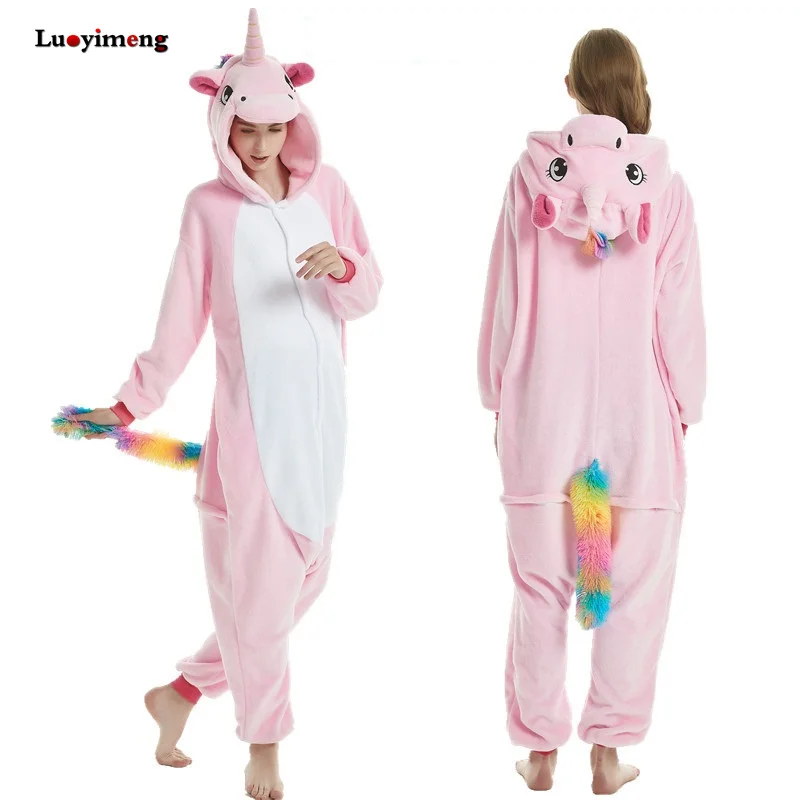 Пижама-комбинезон с пандой для взрослых, женская пижама с единорогом, костюм единорога, мужской комбинезон, зимняя Пижама кигуруми с капюшоном с изображением животных - Цвет: new pink tenma