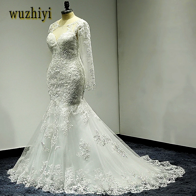 

wuzhiyi mermaid wedding dress Long wedding Gown Cap Sleeve gown Sccop vestido de noiva lace trumpet Beading dress robe de mariee