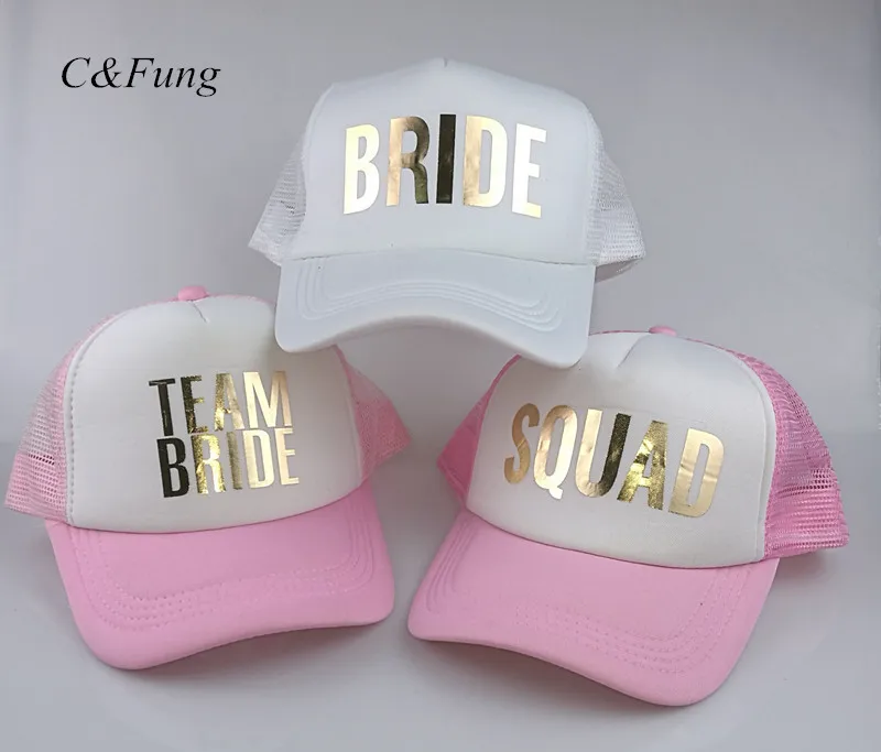 

C&Fung SQUAD BRIDE TEAM BRIDE trucker hats basebal Caps for wedding party gold glitter pink mesh hats Summer style