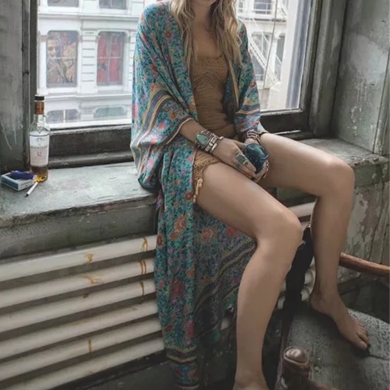 

2019 Summer Women Front Open Long Blouse Vintage Floral Print 3/4 Batwing Sleeve Party Sexy Kimono Beach Loose Lace Up Cardigan