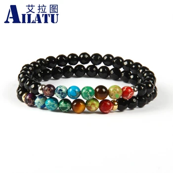 

Ailatu New Design 6mm Faceted Black Onyx Stone with Imperial Sea Sediment 7 Chakra Healing Stone Yoga Meditation Bracelet
