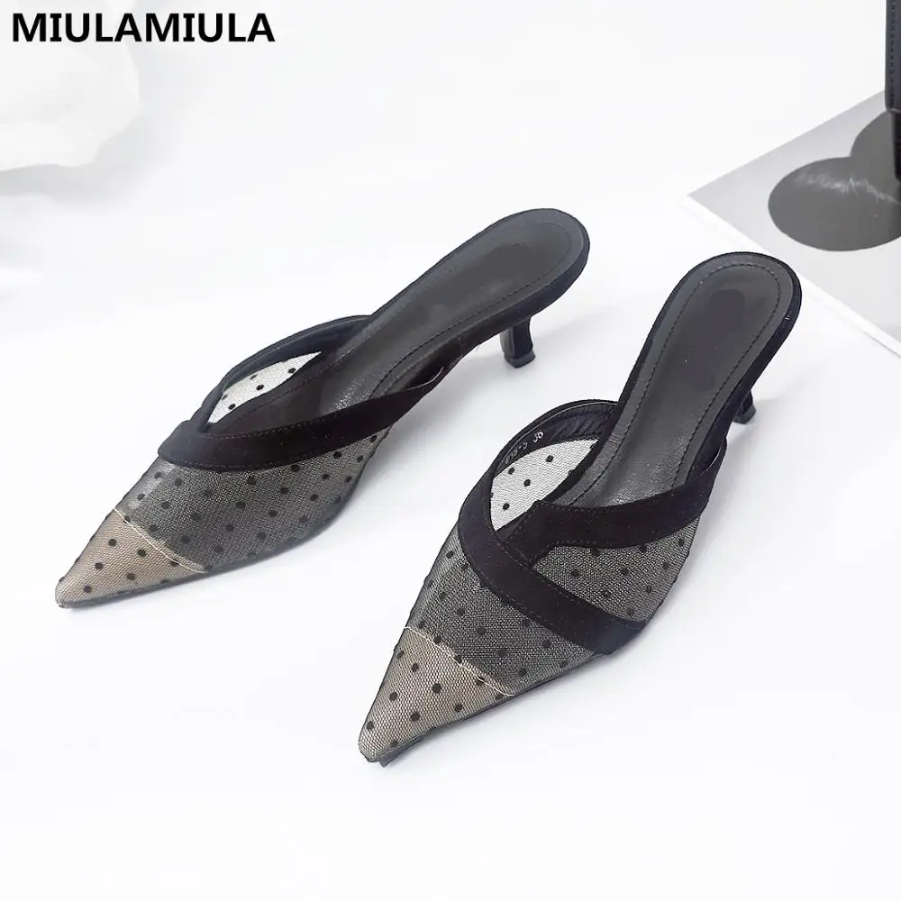

MIULAMIULA Brand Designers 2019 Summer Sexy Black Dot V Mouth Air Mesh Lace Shoes Kitten Heels 6.5cm Pumps Slip On Loafers Mules