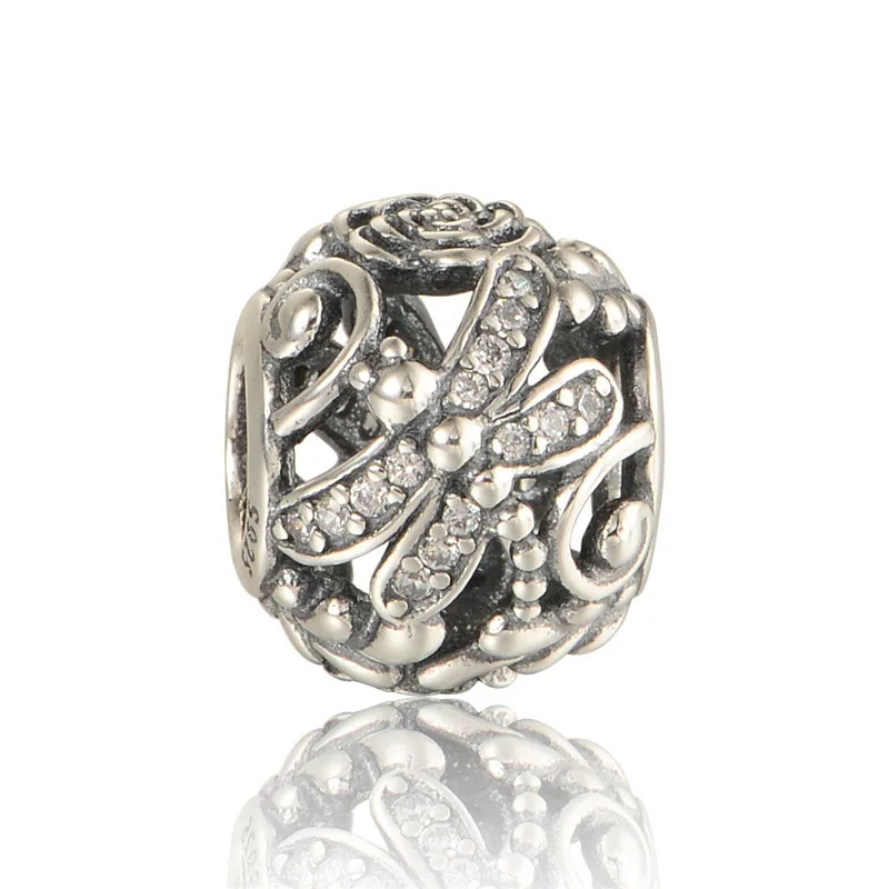

925 Sterling Silver Jewelry Dragonfly Meadow with Clear CZ Stone Charms Beads Fit European Silver Charm Bracelets for Women