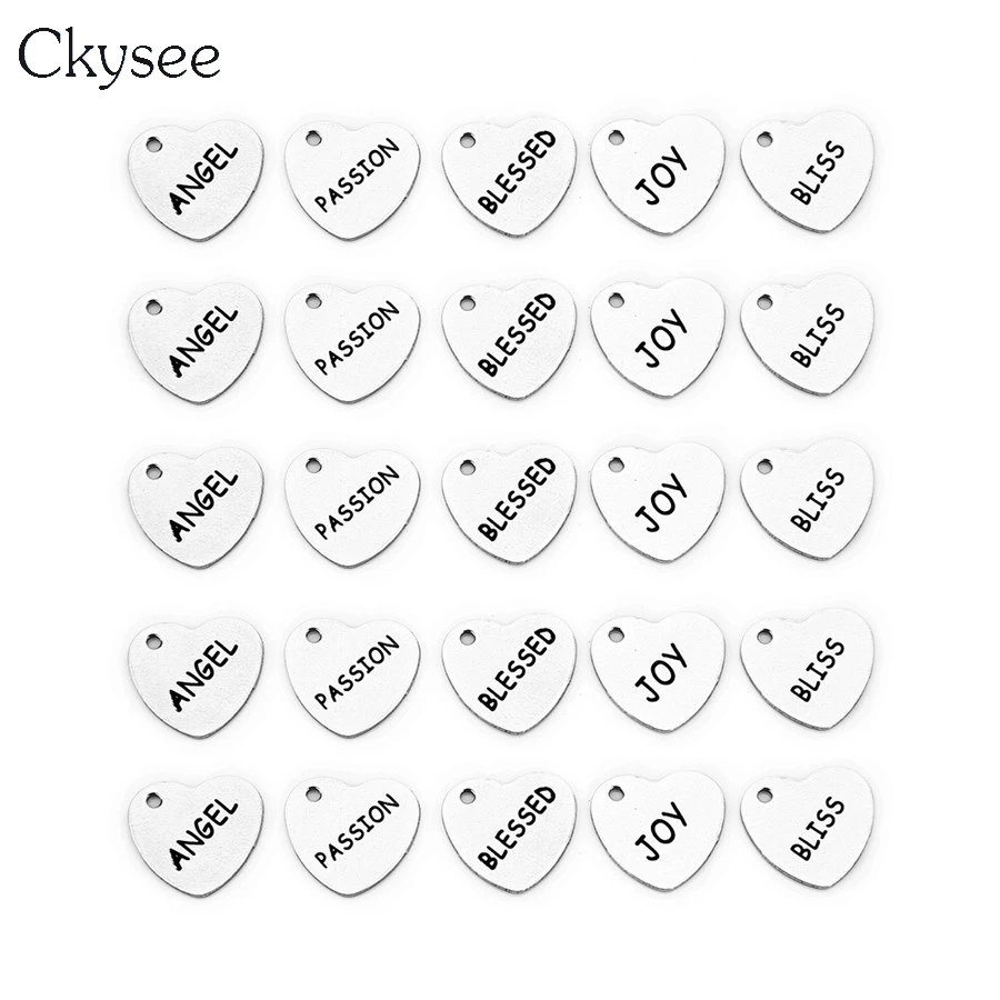 

Ckysee 5Pcs/lot 13x14mm Stainless Steel Heart Shaped Charm Pendant Engraved Joy Blessed Inspiraional Letter Word Charms Jewelry