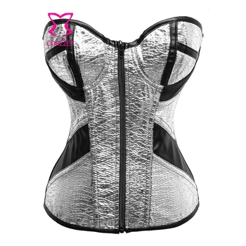 

Silver PVC Leather Punk Corpetes E Espartilhos Gothic Zipper Waist Trainer Corset Sexy Korset Waist Trainer Corsets For Women