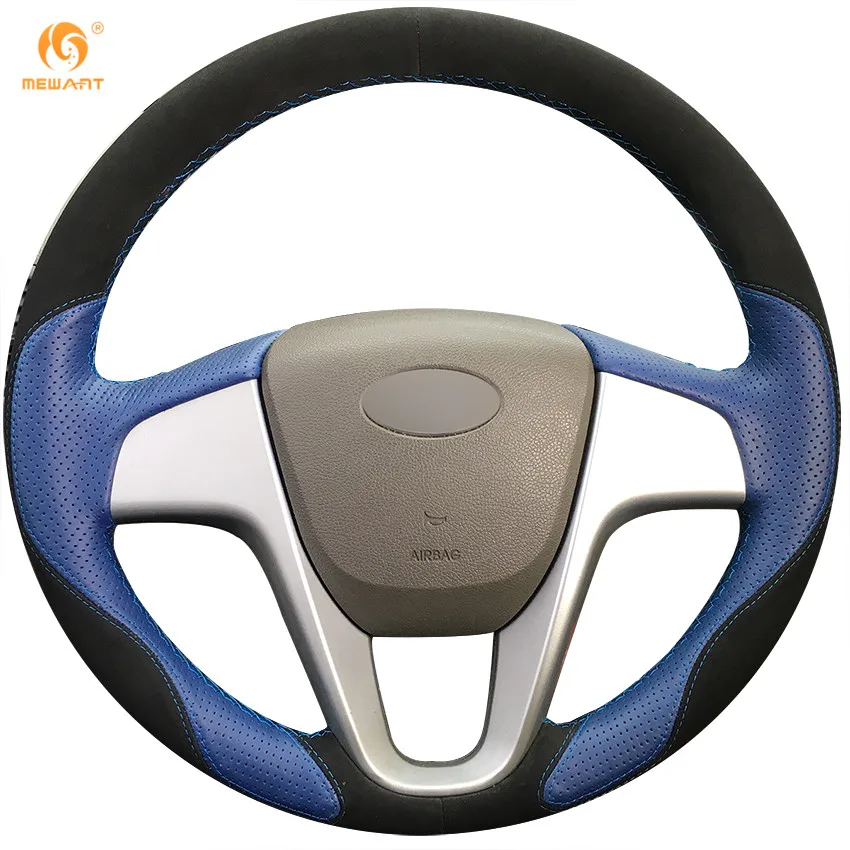 MEWANT Blue Leather Black Suede Car Steering Wheel Cover for Hyundai Solaris 2010-2016 Verna 2010-2016 i20 2009-2015 Accent