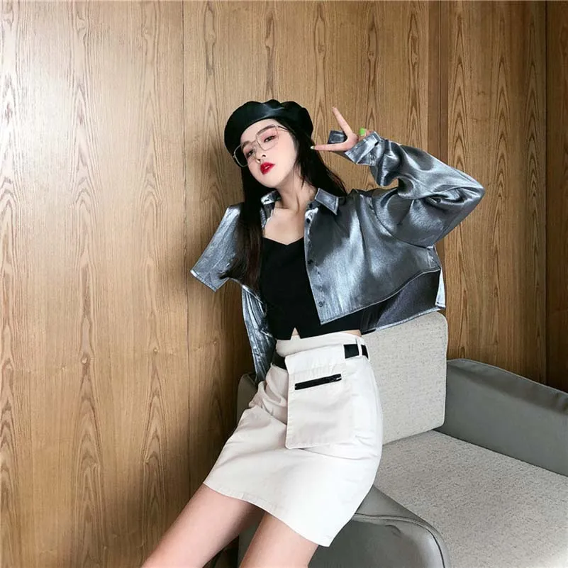 

Fashion Women Reflective Turn-down Collar Buckle Drawstring Jackets Long Sleeve Cropped Coat Ladies Basic Jacket New