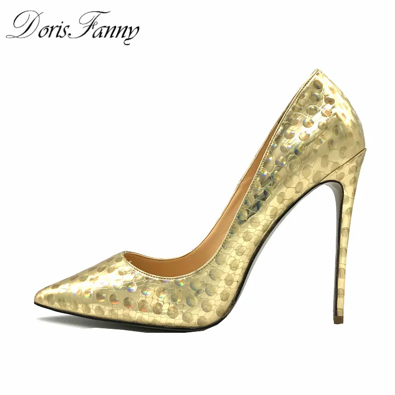 

DorisFanny Shoes Woman high heels pumps 12cm Gold Slip on pointed toe wedding shoes bride