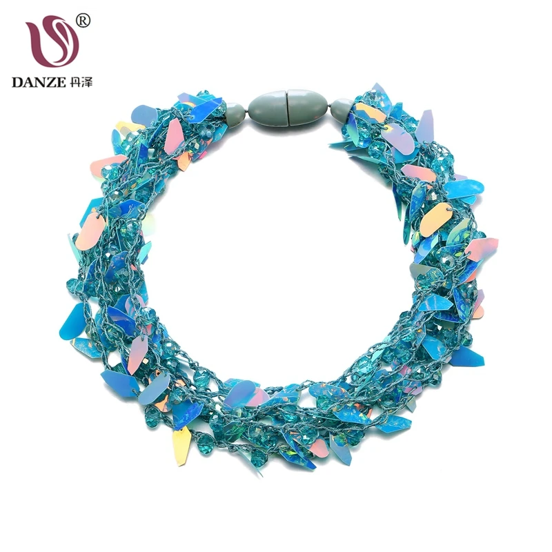 

DANZE 2018 Handmade Multilayer Bling Sequins Chunky Statement Necklace For Women Bohemian Snap Button Party Jewelry Collares