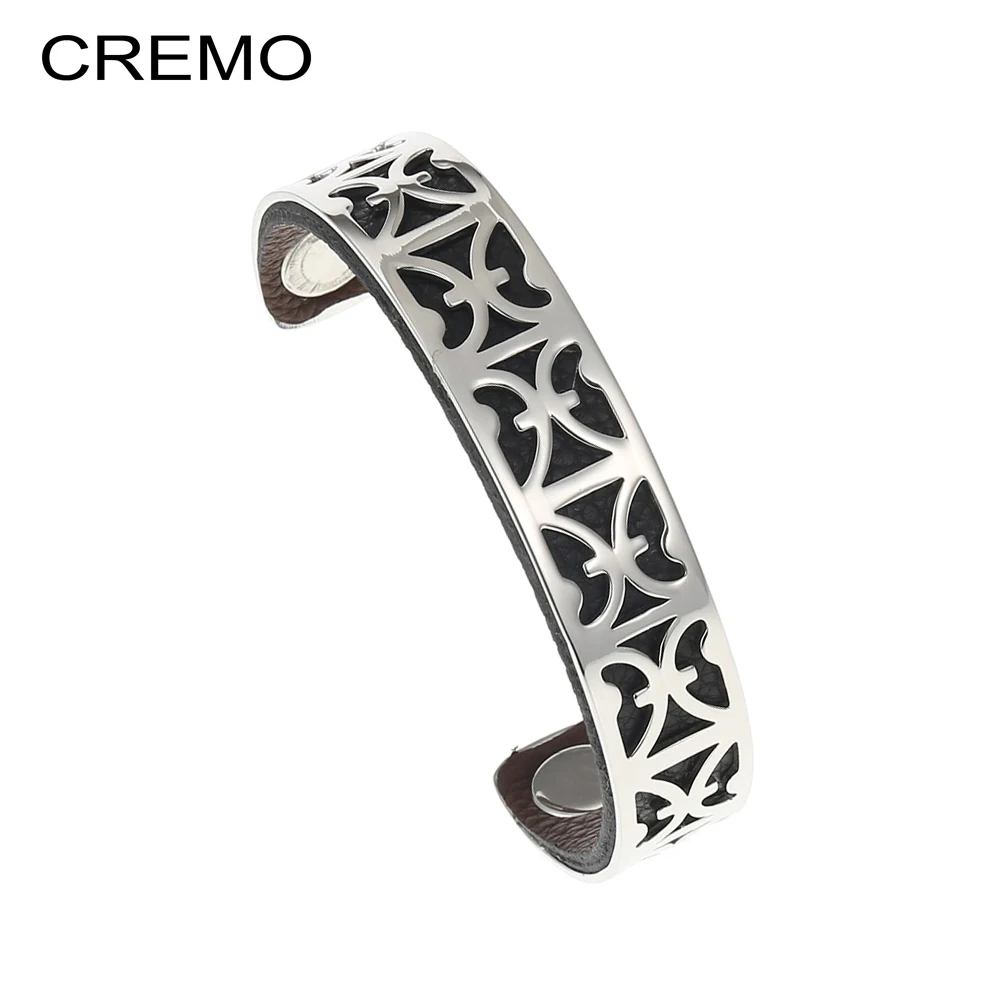 

Cremo Geometry Bangles Argent Reversible Leather Stainless Steel Bracelets and Bangles Wide Cuff Armband Hollow Punk Bangles