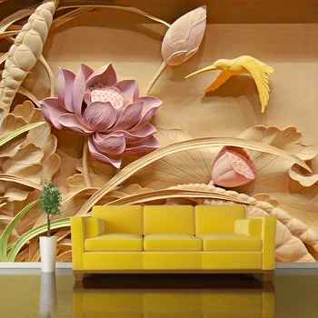 

Custom 3D Photo Wallpaper Wood Carving Lotus Flower Large Murals Wall Painting Living Room Sofa TV Background Papel De Parede 3D