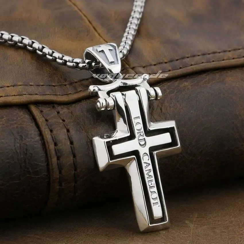 

LINSION Huge Rotatable Cross 925 Sterling Silver Mens Biker Rock Punk Pendant 8Q027