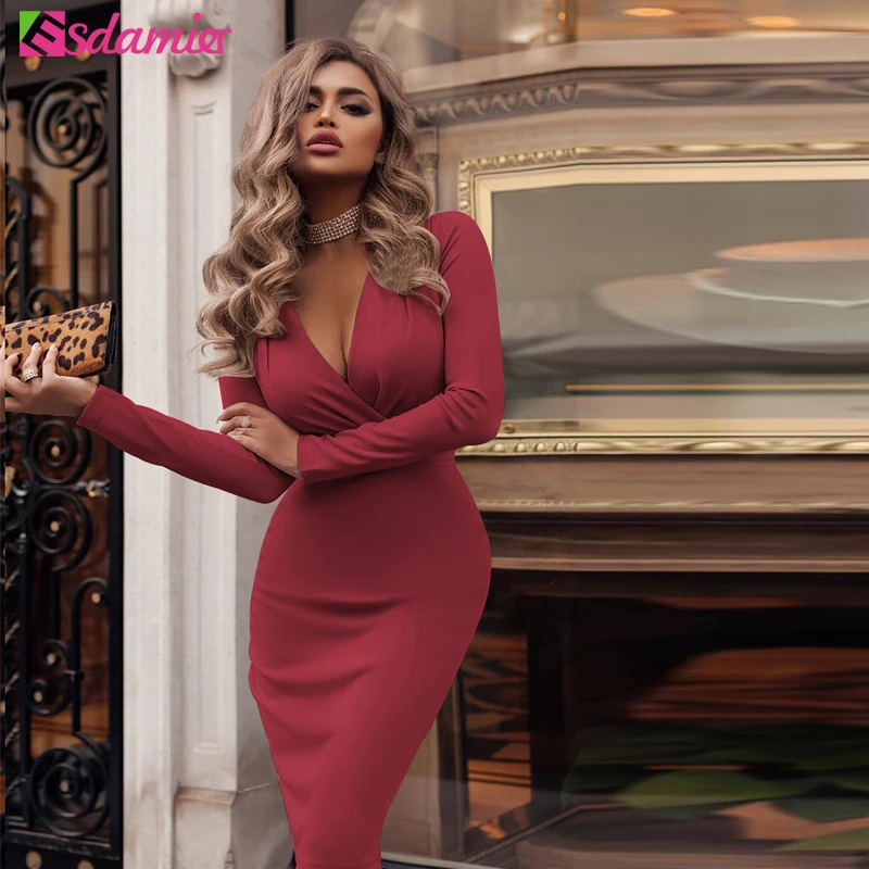 

ESDAMIER Women Sexy V-neck Bodycon Dress Office Lady Elegant Knee-Length Dress 2019 Spring Long Sleeve Party Dresses Oversize