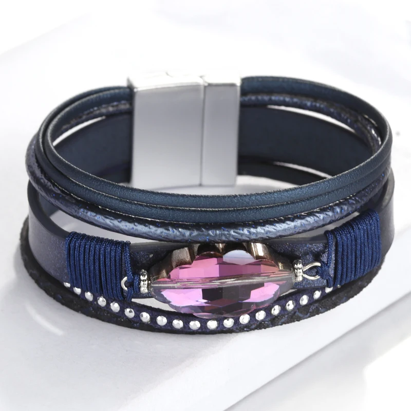 ALLYES кожаные браслеты для женщин браслеты и браслеты модные украшения фиолетовые стразы многослойный широкий браслет обруча женский