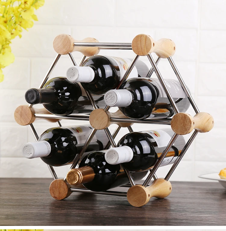 Wood 6 Bottle Wine Rack, Natural with Stainless steel Pegs in Wine