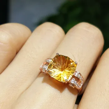 

FLZB,Nice ring with natural citrine gem football cut cushion10*10mm 5.8ct in 925 sterling silver with rose gold plated big ring
