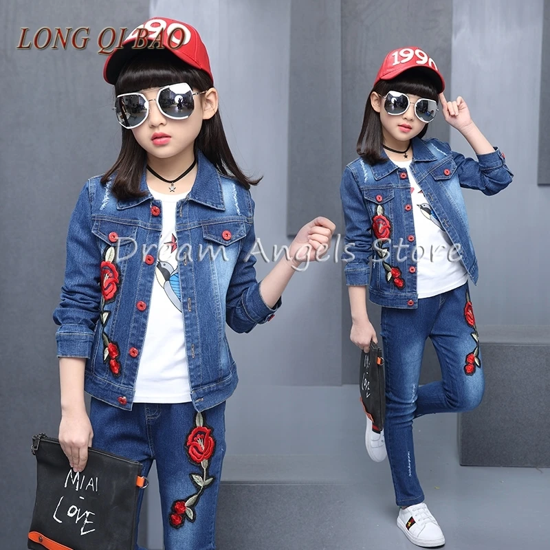 

New age season girl leisure embroidery denim three-piece suit
