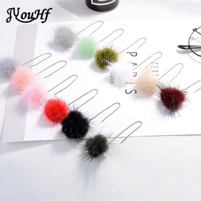 

JYouHF 12 Colors Korean Long Chain Fluffy Mink Fur Pom Pom Ball Drop Earrings for Women Girl Unique Cute Hanging Tassel Earrings