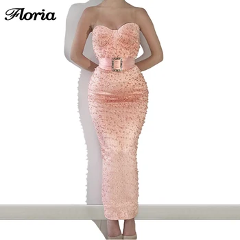 

Pearls Pink Mermaid Evening Dresses With Belt For Turkish Islamic Dubai Design 2019 Ankle Length Prom Dress Robe De Soiree Party