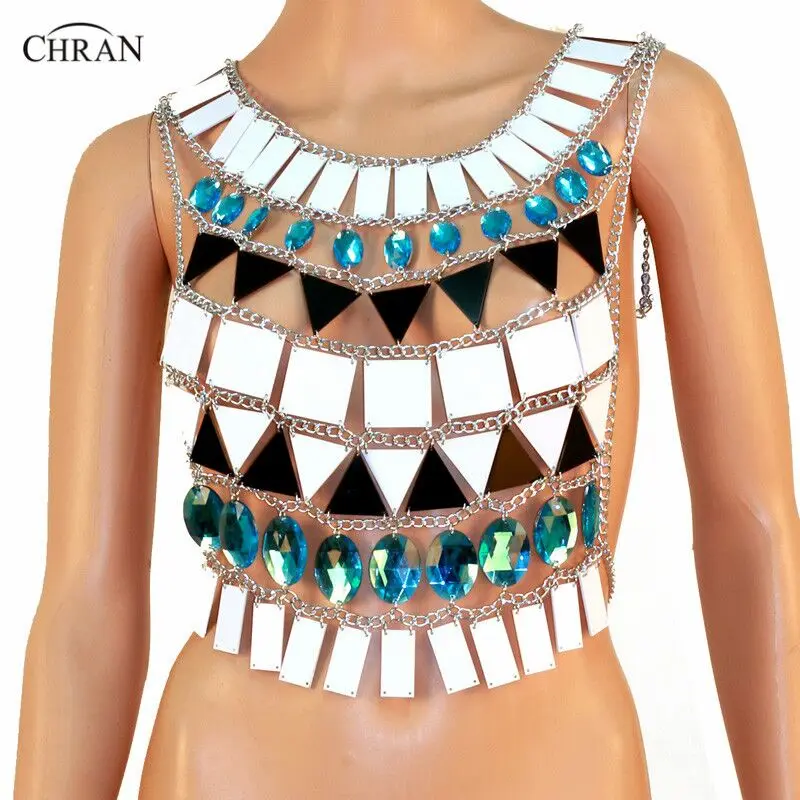 

Chran Sexy Boho Resin Sequin Chain Backless Bralette Beach Crop Top Body Chain for Women Club Halter Bra Bikini Jewelry