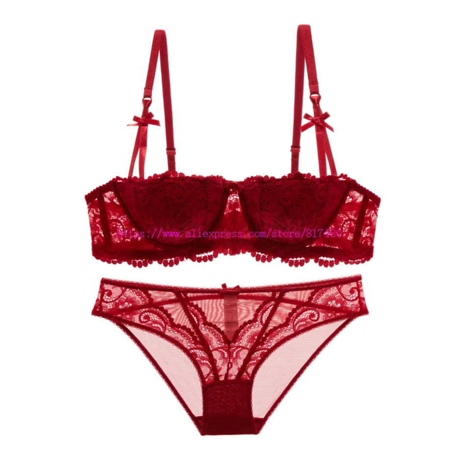 cheap underwear sets New Fashion lace cup red underwear luxury comfortable sexy padded bra panties set plus size cup ABCD plus size women bra french knickers set