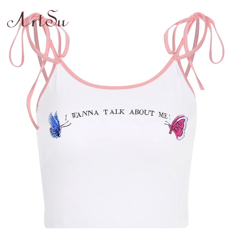 

ArtSu Pink Spaghetti Strap Top Off Shoulder Crop Top White Embroidery Butterfly Top Sleeveless Streetwear Cami Top ASVE20584