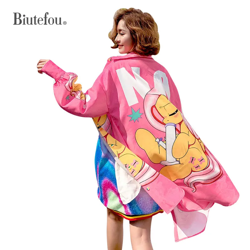 

2019 Spring and summer pink long shirts women fashion cartoon print loose chic shirts