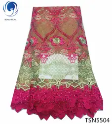 BEAUTIFICAL ярко-розовый кружевной ткани женские кружевные ткани французская кружевная ткань 2018 тяжелый, в нигерийском стиле бисерная Ткань 5