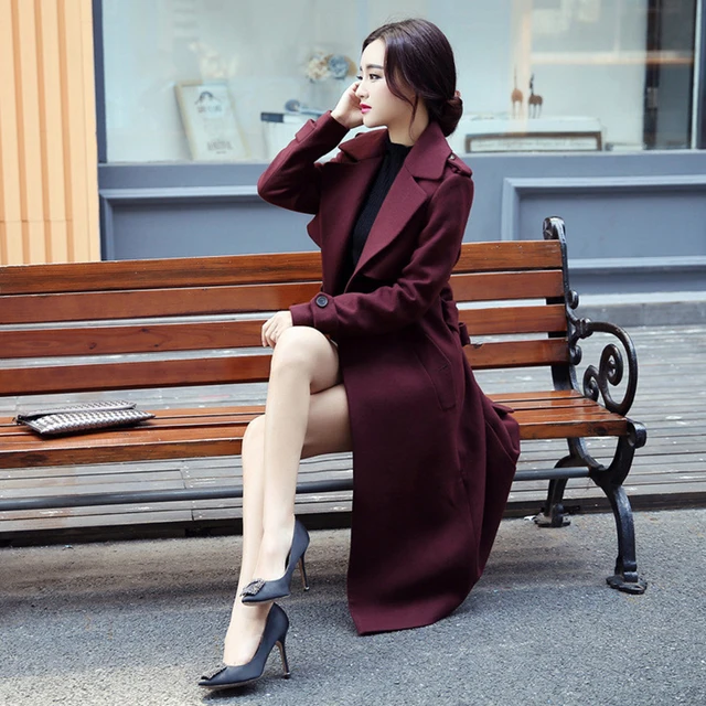 Winter Fashion Women Warm Burgundy Lapel Slim Jacket Coat