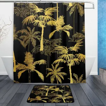 

Golden Black Palm Tree Waterproof Polyester Fabric Shower Curtain with Hooks Doormat Bath Floor Mat Bathroom Home Decor