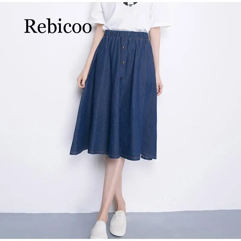 

Denim Jeans A-line Women&#39s Midi Skirt High Waist Button Students Skirts Women 2019 Summer Autumn College Clothes Plus Size