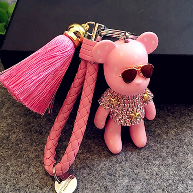 Luxury Leather Rope Car Keychain Keyring Handmade Rhinestone Crystal