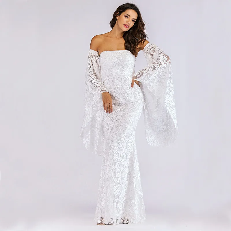 Женская Осенняя кружевная элегантная одежда для вечеринок винтажная сексуальная мода белое платье Макси Большие размеры