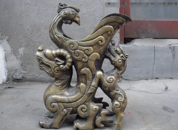 

USPS to USA S0648 China Royal Palace Bronze Copper Foo Dog beast with phoenix cup Zun Vase Statue B0401