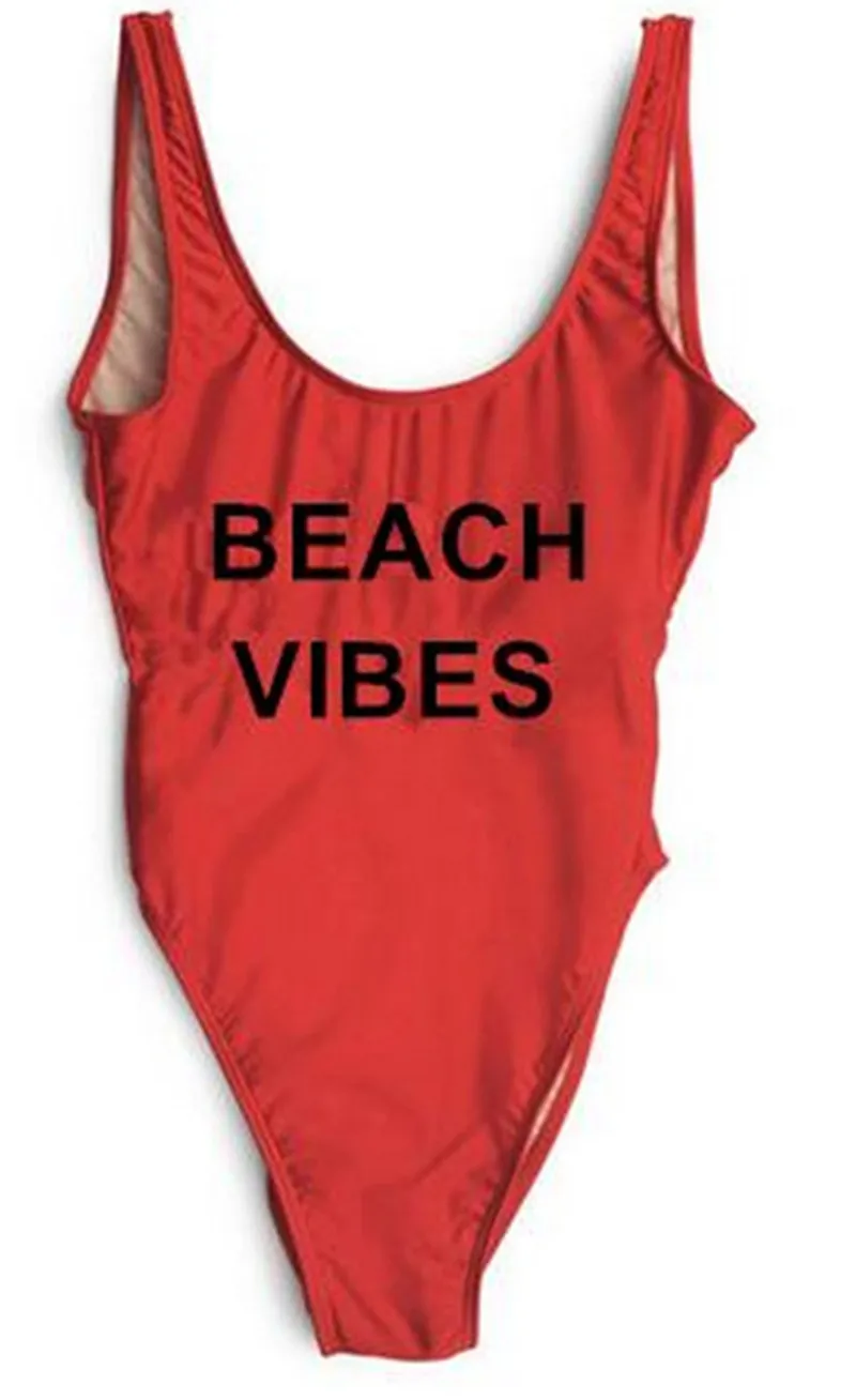 BEACH VIBES Black Letter Print Women Funny One Piece Swimsuit Swimwear