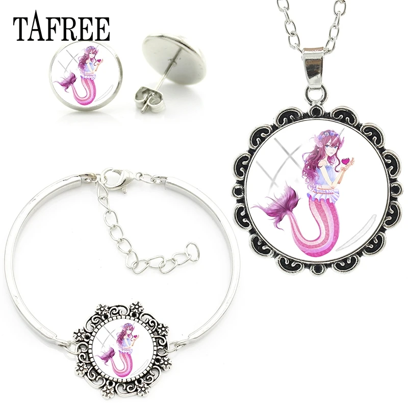 

TAFREE Mermaid Elves Jewelry Sets Graceful Glass Cabochon Dome Ladies Statement Necklaces Earrings Bracelets Fashion Jewelry Set