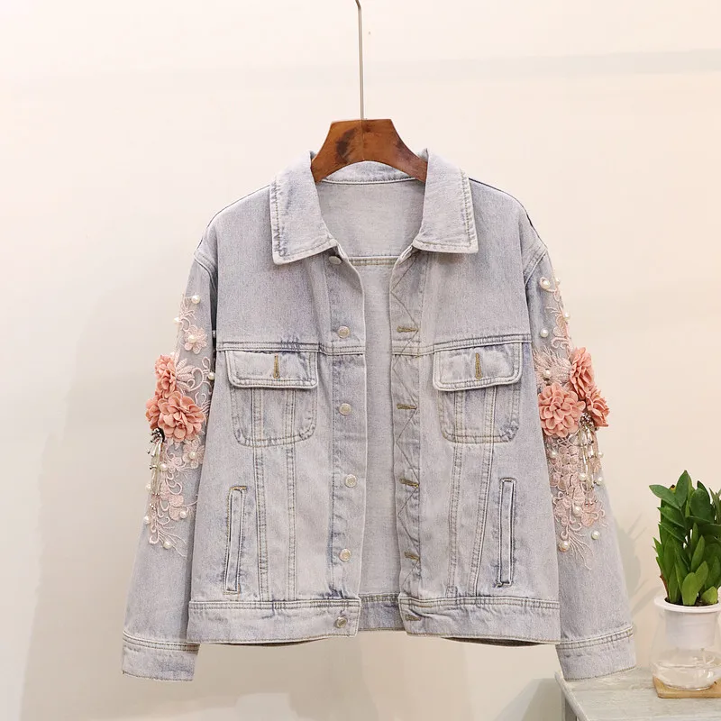 

2019 Autumn Women Jacket Coat Turn Down Collar Pearl Flower Embroidery Women Tops Denim Coat Chaqueta Mujer Outwear Casaco