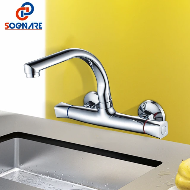 Best Offers SOGNARE Wall Mounted Kitchen Faucet Chrome 360 Rotate Swivel Spout Single Hole Sink Kitchen Mixer Taps with Hot Cold Water D4202